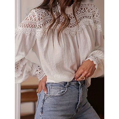 Women’s Elegant Lace Shirts Hollow Out Embroidered Victorian Blouse Long Sleeve Boho Tops