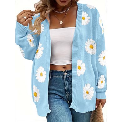 Women's Plus Size Fall Daisy Print Open Front Casual Knit Sweater Cardigan Long Sleeve Coat Shirt