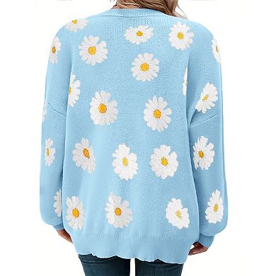 Women's Plus Size Fall Daisy Print Open Front Casual Knit Sweater Cardigan Long Sleeve Coat Shirt
