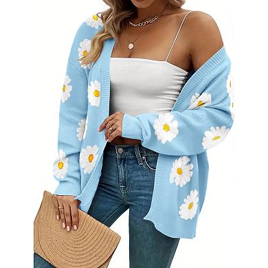 Women's Plus Size Fall Daisy Print Open Front Casual Knit Sweater Cardigan Long Sleeve Coat Shirt
