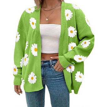 Women's Plus Size Fall Daisy Print Open Front Casual Knit Sweater Cardigan Long Sleeve Coat Shirt