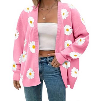 Women's Plus Size Fall Daisy Print Open Front Casual Knit Sweater Cardigan Long Sleeve Coat Shirt