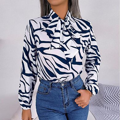 Women's Tie Neck Blouse Long Sleeve Color Block Striped Casual Top