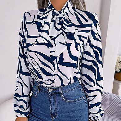 Women's Tie Neck Blouse Long Sleeve Color Block Striped Casual Top