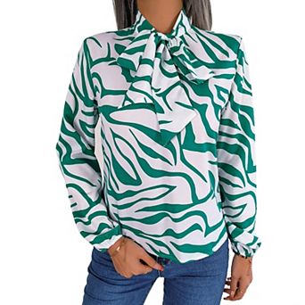 Women's Tie Neck Blouse Long Sleeve Color Block Striped Casual Top