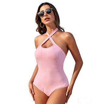 Women's One Piece Swimsuit Cross Halter Neck Cutout Tie Back Fitted Beach Vacation Swimwear