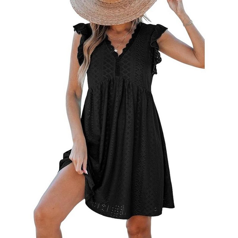 mini a line summer dresses Women's Sleeveless Hollow Out Dress Casual Beachwear V-Neck A-Line color:Dark Navy Price 101 - 200 How To Attach Bra available in pastels