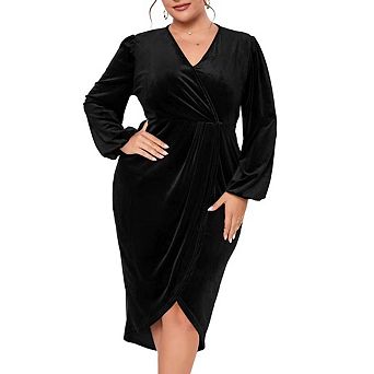 Women's Plus Size Velvet Dress Casual Party Cocktail V Neck Long Sleeve Bodycon Wrap Dresses