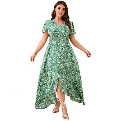 Women Plus Size Maxi Dress Summer Short Sleeve V Neck Button Down High Low Split Ruffle Long Dress