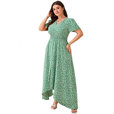 Women Plus Size Maxi Dress Summer Short Sleeve V Neck Button Down High Low Split Ruffle Long Dress
