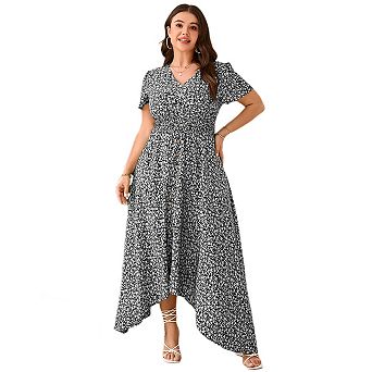 Women Plus Size Maxi Dress Summer Short Sleeve V Neck Button Down High Low Split Ruffle Long Dress