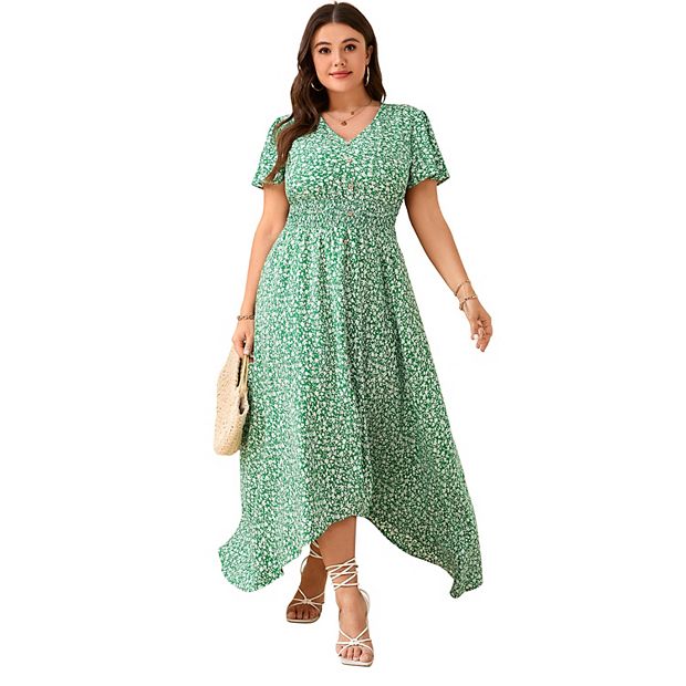 Women Plus Size Maxi Dress Summer Short Sleeve V Neck Button Down High Low  Split Ruffle