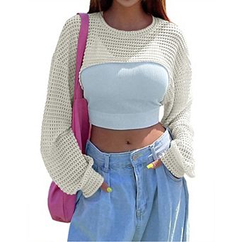 Women's Fall Casual Sweater Knit Crop Shrug Top Long Sleeve Hollow Out Round Neck Cover Up Shirt