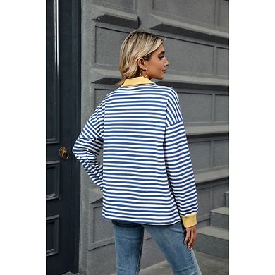 Women's Striped Sweat Shirts Long Sleeve Lapel Collared Casual Soft Pullover Tops Shirts
