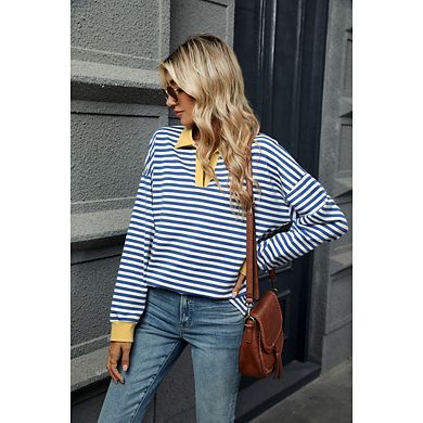 Women's Striped Sweat Shirts Long Sleeve Lapel Collared Casual Soft Pullover Tops Shirts