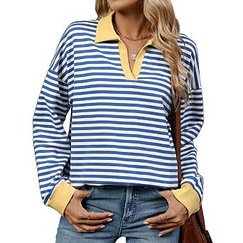 Women's Striped Sweat Shirts Long Sleeve Lapel Collared Casual Soft Pullover Tops Shirts