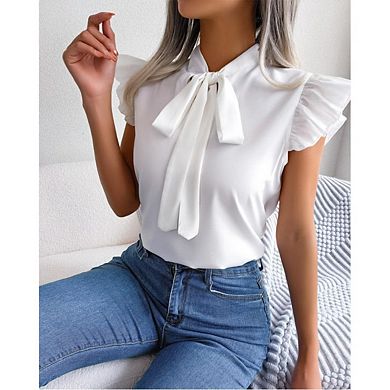 Women's Bow Tie Neck Ruffle Cap Sleeve Elegant Office Blouse Shirt Tops