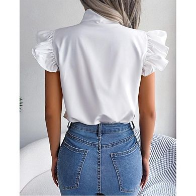 Women's Bow Tie Neck Ruffle Cap Sleeve Elegant Office Blouse Shirt Tops