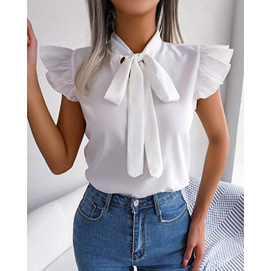 Women's Bow Tie Neck Ruffle Cap Sleeve Elegant Office Blouse Shirt Tops