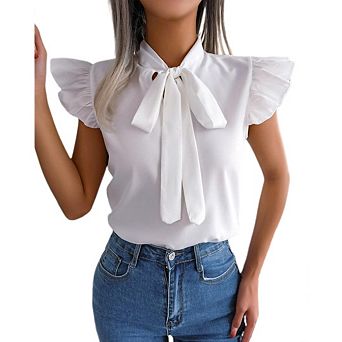 Women's Bow Tie Neck Ruffle Cap Sleeve Elegant Office Blouse Shirt Tops