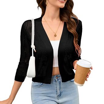 Women's 3/4 Sleeve Crochet Knit Open Front Cardigan Cropped Shrug Bolero Lightweight Sweaters Tops