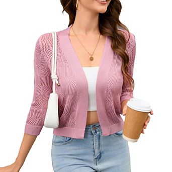 Women's 3/4 Sleeve Crochet Knit Open Front Cardigan Cropped Shrug Bolero Lightweight Sweaters Tops