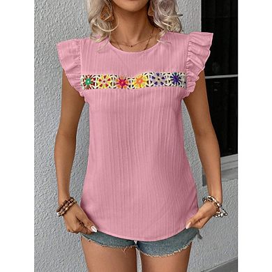Women's Eyelet Embroidery Ruffle Cap Sleeve T Shirt Crew Neck Vacation Elegant Tee Top