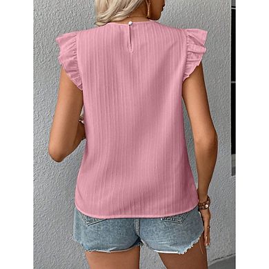 Women's Eyelet Embroidery Ruffle Cap Sleeve T Shirt Crew Neck Vacation Elegant Tee Top