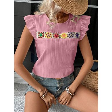Women's Eyelet Embroidery Ruffle Cap Sleeve T Shirt Crew Neck Vacation Elegant Tee Top