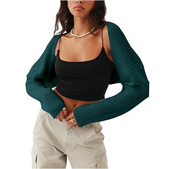 Women Open Front Ribbed Knit Crop Bolero Long Sleeve Solid Loose Fit Knitted Crop Cardigan Shrug