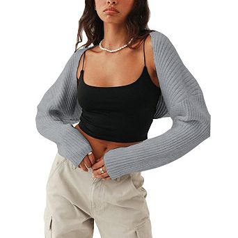 Women Open Front Ribbed Knit Crop Bolero Long Sleeve Solid Loose Fit Knitted Crop Cardigan Shrug