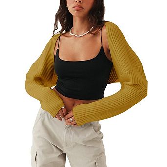 Women Open Front Ribbed Knit Crop Bolero Long Sleeve Solid Loose Fit Knitted Crop Cardigan Shrug