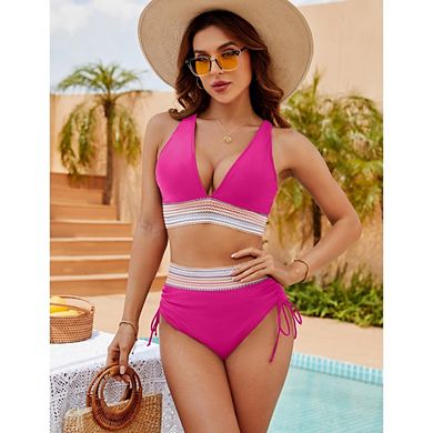 Women 2 Piece Bikini Sets High Waisted Tummy Control Summer Swimsuits Drawstring Bathing Suit