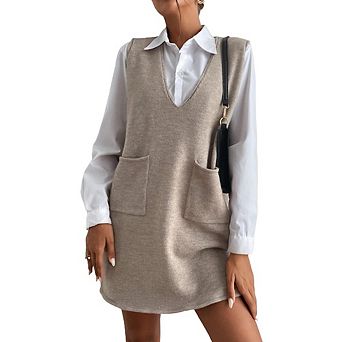 Women's Oversize Vest Sweater Dress Causal Sleeveless V Neck Knit Short Sweater Dress with Pockets