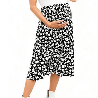 Women's Maternity Smocked Waist Midi Skirt Tiered Ruffle Floral Print Skirt for Pregnancy