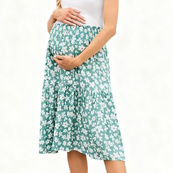 Women's Maternity Smocked Waist Midi Skirt Tiered Ruffle Floral Print Skirt for Pregnancy