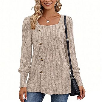 Women's Ribbed Square Neck Knit Top Bubble Long Sleeve Slit Mock Button Casual Sweater T-Shirt
