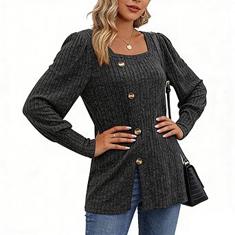 Women's Ribbed Square Neck Knit Top Bubble Long Sleeve Slit Mock Button Casual Sweater T-Shirt