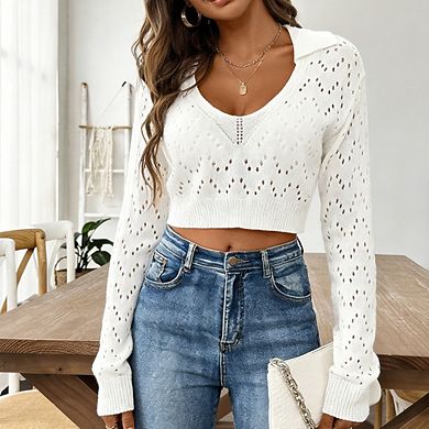 Women's Polo V Neck Lightweight Sweater Long Sleeve Cropped Semi-Sheer Knit Casual Pullover Top