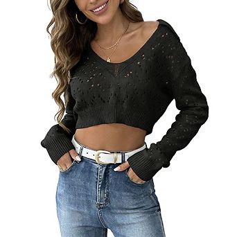 Women's Polo V Neck Lightweight Sweater Long Sleeve Cropped Semi-Sheer Knit Casual Pullover Top