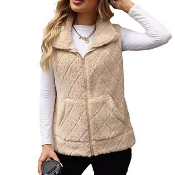 Womens Fleece Sherpa Vest Casual Sleeveless Fuzzy Fluffy Checkered Plaid Vest Zipper with Pocket