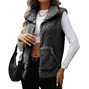 Womens Fleece Sherpa Vest Casual Sleeveless Fuzzy Fluffy Checkered Plaid Vest Zipper with Pocket