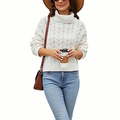 Women's Cropped Turtleneck Sweater Long Sleeve Cozy Ribbed Knit Pullover Casual Winter Top
