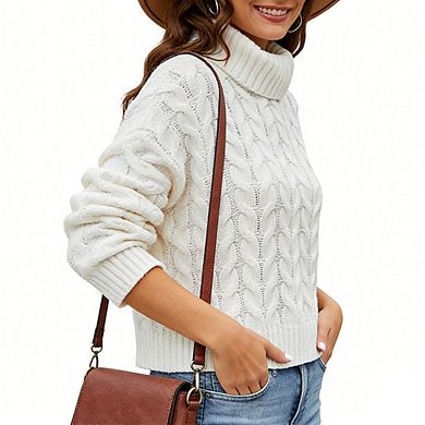 Women's Cropped Turtleneck Sweater Long Sleeve Cozy Ribbed Knit Pullover Casual Winter Top