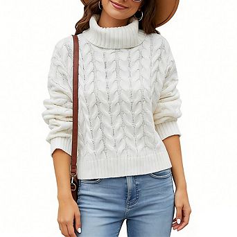 Women's Cropped Turtleneck Sweater Long Sleeve Cozy Ribbed Knit Pullover Casual Winter Top