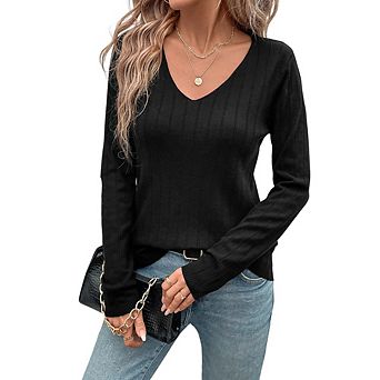Women Ribbed Knit Sweater V Neck Long Sleeve Shirts Dressy Casual Lightweight Sweaters