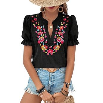 Women's Casual Floral Embroidered V Neck Boho Short Puff Sleeve Shirts Loose Summer Blouses Tops