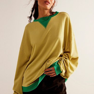Women's Oversized Sweatshirt Casual Crewneck Shirt Long Sleeve Color block Pullover Tunic Tops