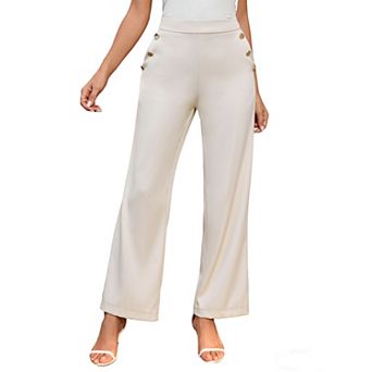 Women's Business Casual Wide Leg Pants High Waist Gold Button Detail Loose Fit Office Trousers