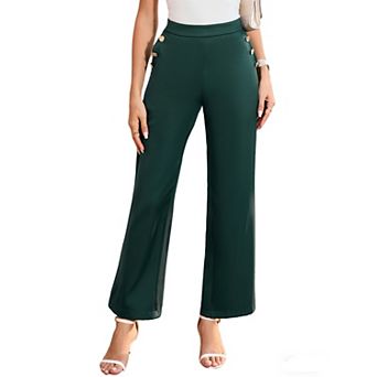 Women's Business Casual Wide Leg Pants High Waist Gold Button Detail Loose Fit Office Trousers